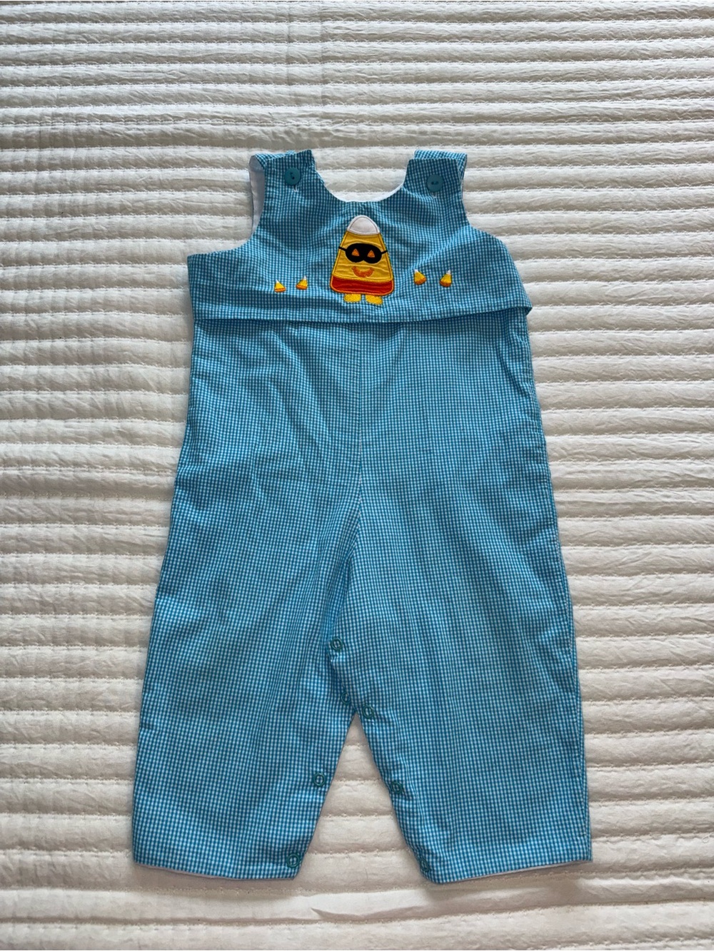 Blue Gingham Kids One-Piece Bodysuit with Candy Corn Appliqué